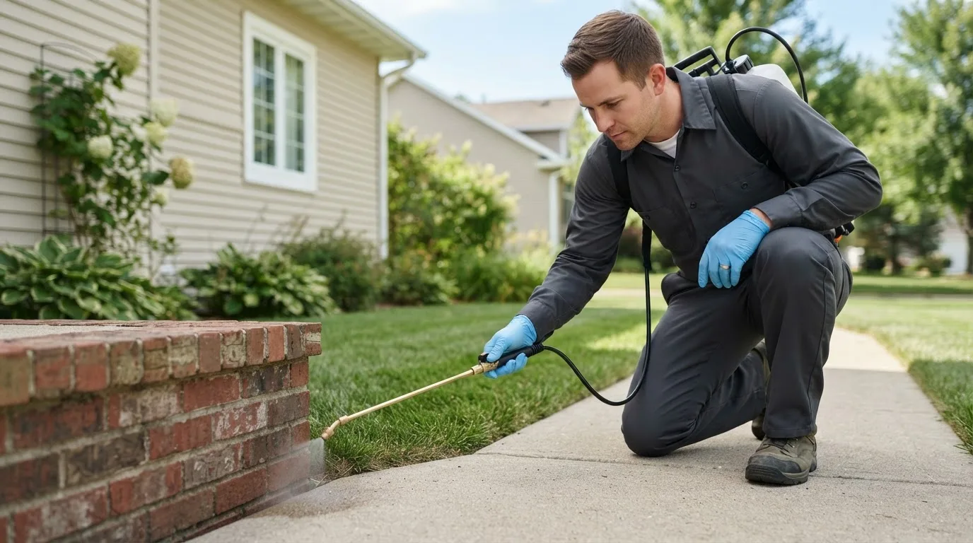 Pest control technician treating a home near Olds, IA