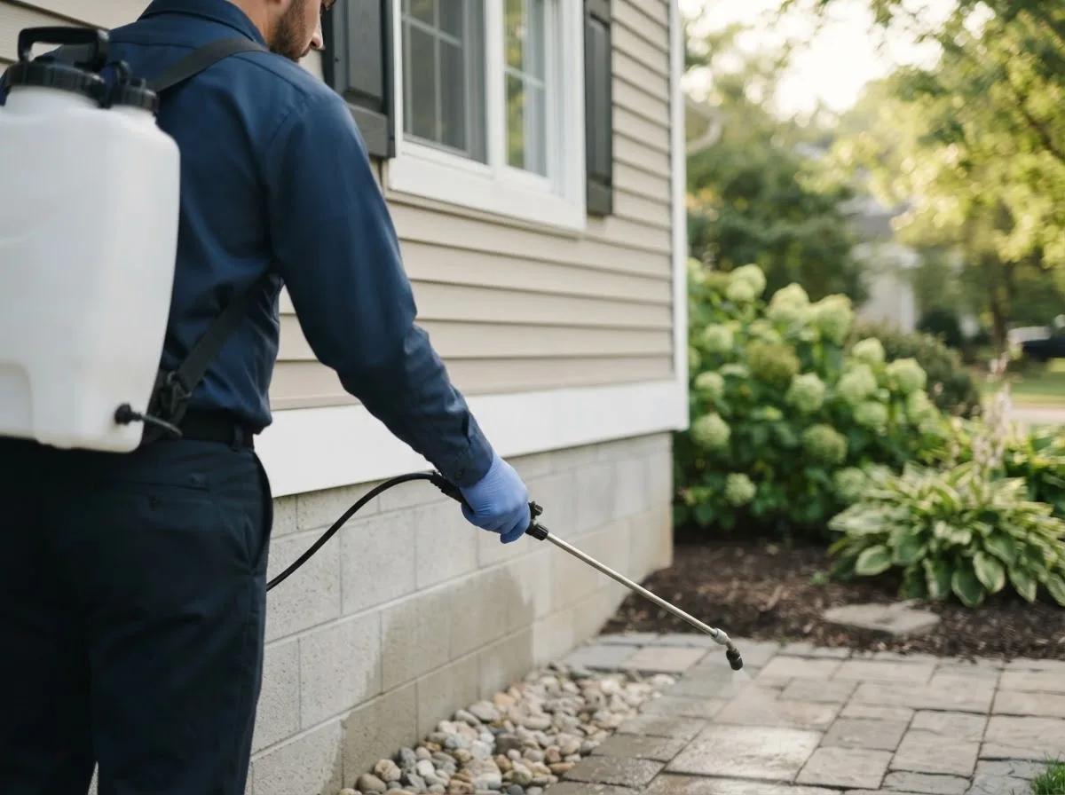Pest control technician inspecting a home in Olds, IA